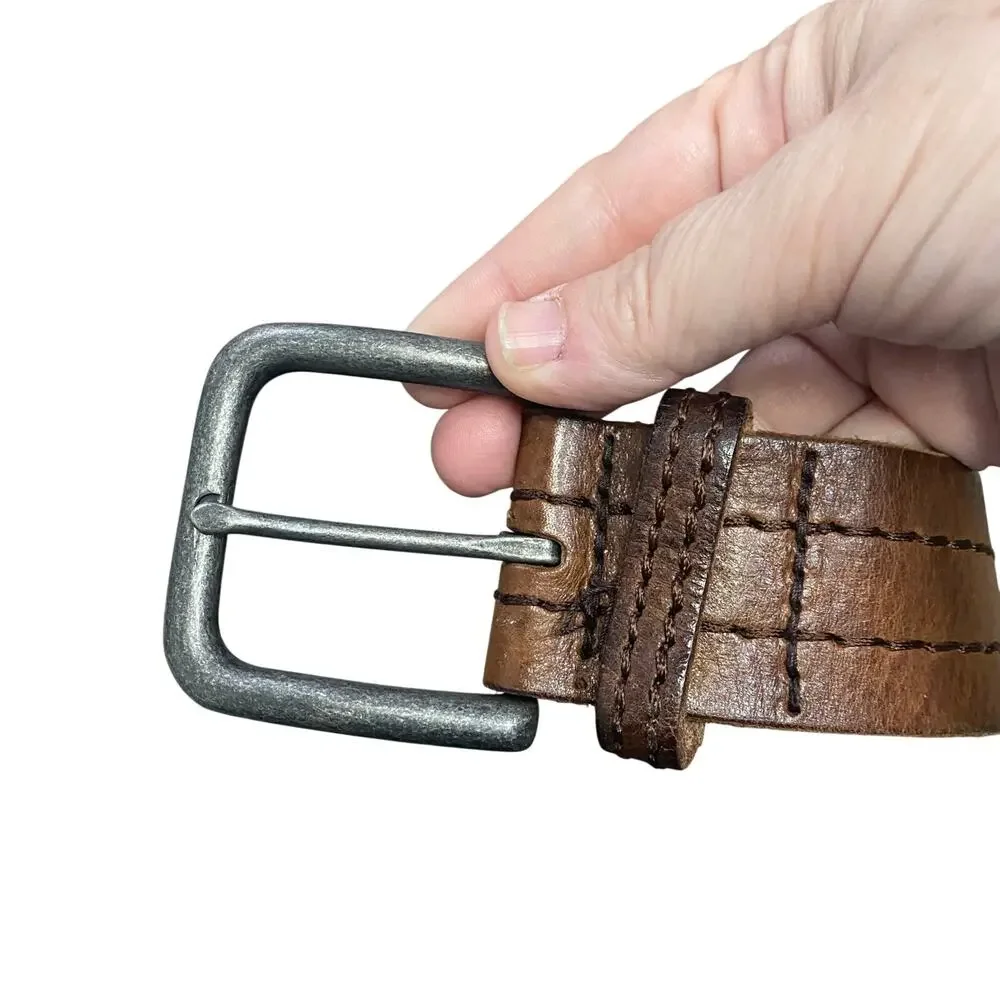 Aeropostale Men’s Brown Leather Belt Contrast Stitching Silver Buckle Size ~40